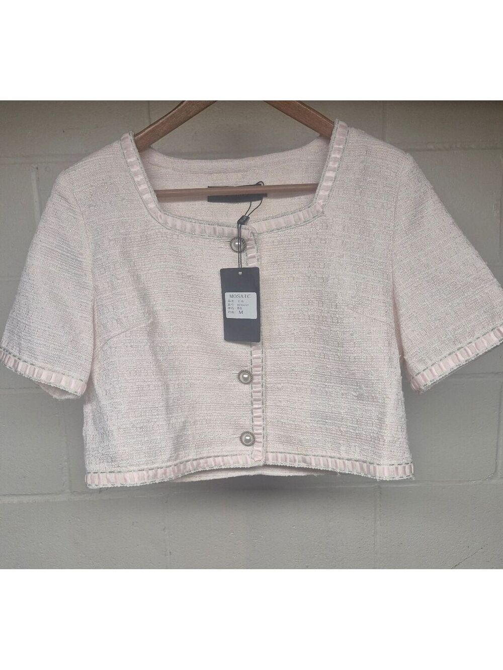 Mosaic Pink Tweed Cropped Jacket with Pearl Buttons Size M